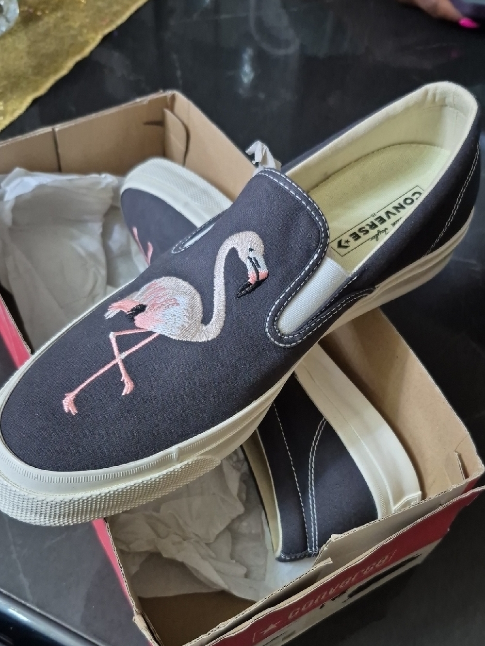 Converse Black Slip-On Sneakers with Pink Embroidered Flamingo